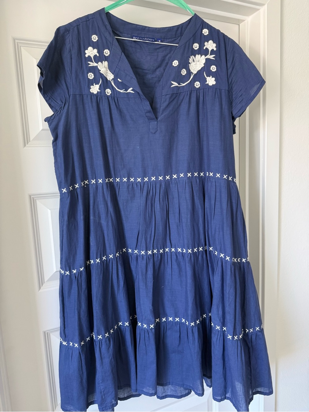 Ro’s Garden Blue White Embroidered Tiered Lined Dress Women’s Medium M